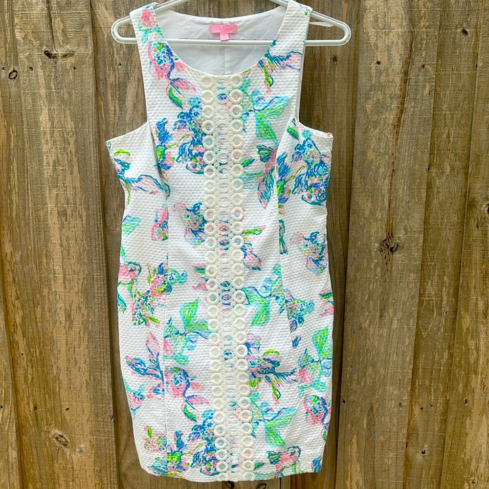 Lilly Pulitzer White Floral Sheath Dress with Pink, Blue & Green Print